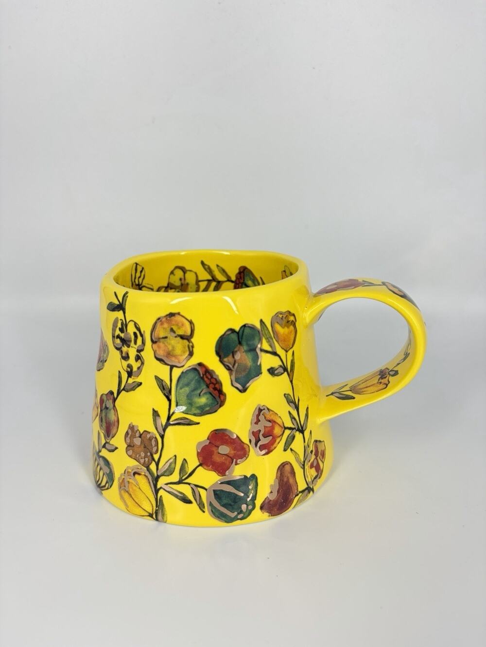 Anthropologie "The Mud Fairy" Blooming Hearts Stoneware Mug In Yellow NIB
